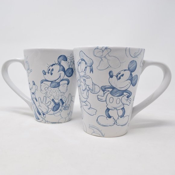 2 Disney Sketch Mug Mickey Minnie Mouse Goofy Donald Duck Pluto Blue White Cup - Picture 1 of 10